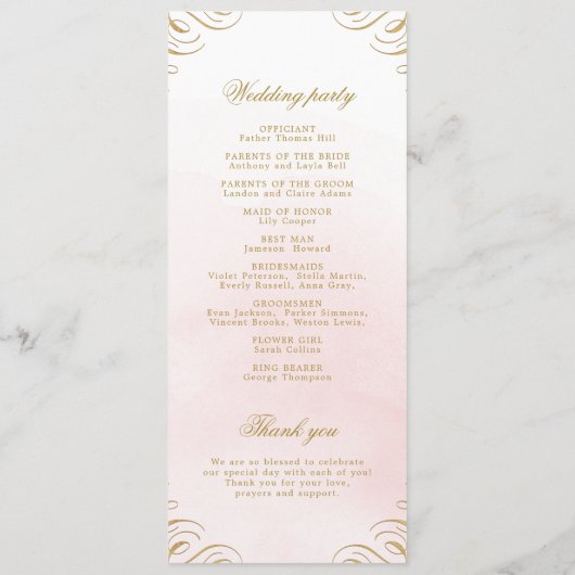 Klassiek roze en goud kalligrafie bruiloft program menu (Achterkant)