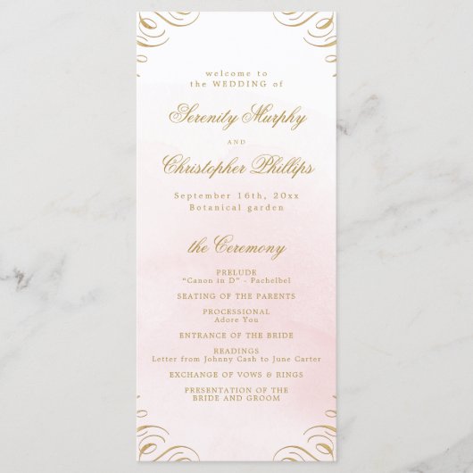 Klassiek roze en goud kalligrafie bruiloft program menu (Voorkant)