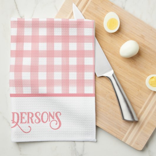 Klassiek Roze en Wit Gingham Plaid Gepersonaliseer Theedoek (Quarter Fold)