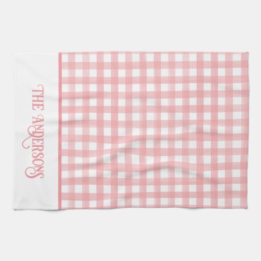 Klassiek Roze en Wit Gingham Plaid Gepersonaliseer Theedoek (Horizontaal)