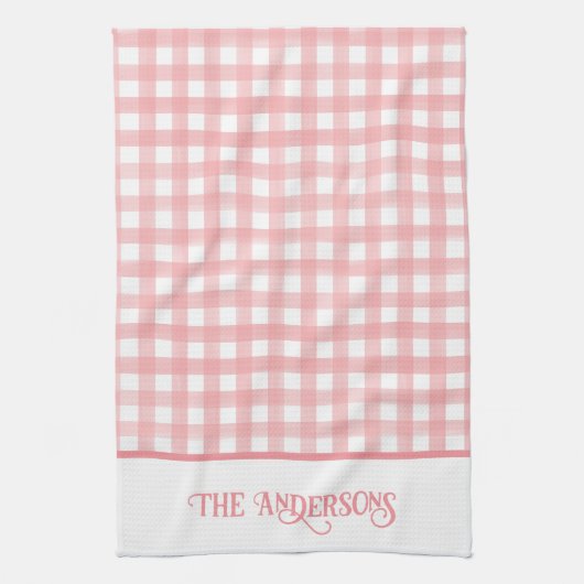 Klassiek Roze en Wit Gingham Plaid Gepersonaliseer Theedoek (Verticaal)