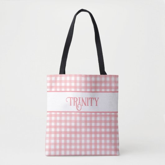 Klassiek Roze en Wit Gingham Plaid Gepersonaliseer Tote Bag (Voorkant)