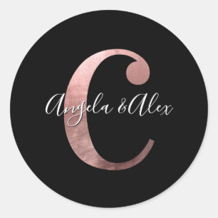 Klassiek roze gouden folie trouwmonogram C Zwart Ronde Sticker