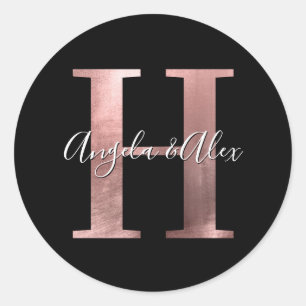 Klassiek roze gouden folie trouwmonogram H Zwart Ronde Sticker