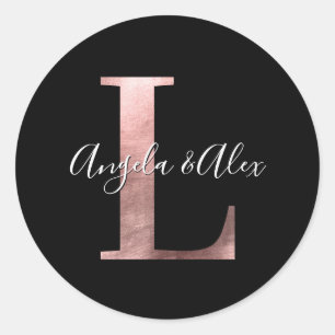 Klassiek roze gouden folie trouwmonogram L Zwart Ronde Sticker