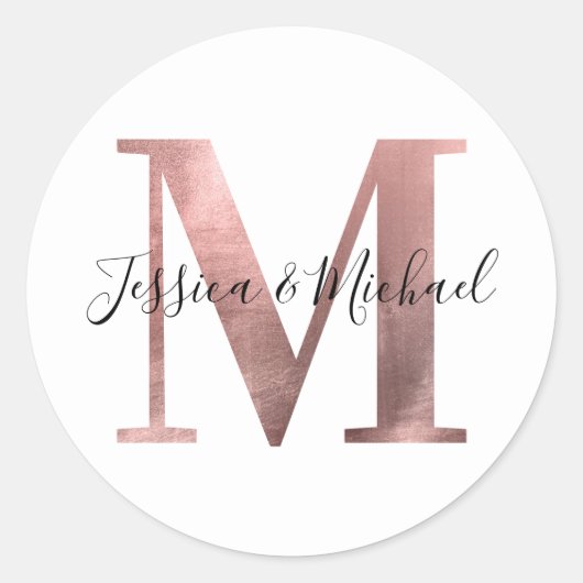 Klassiek roze gouden folie trouwmonogram M Ronde Sticker (Voorkant)