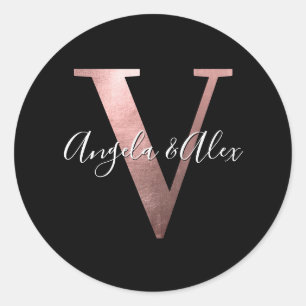 Klassiek roze gouden folie trouwmonogram V zwart Ronde Sticker