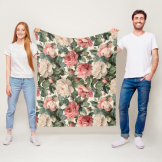 Klassiek roze roos crème bloempatroon fleece deken