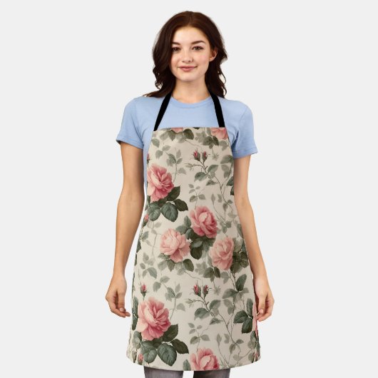 Klassiek roze roos crème bloempatroon schort (Gedragen)