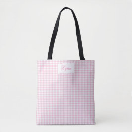 Klassiek roze & wit geruit | Gepersonaliseerde naa Tote Bag