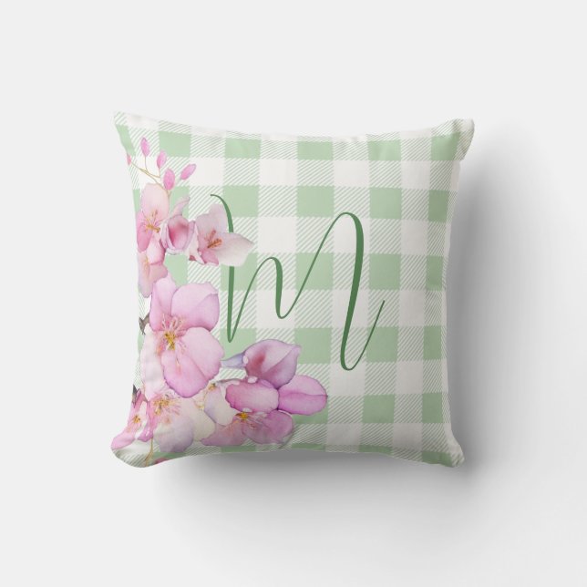 Klassiek roze wit gingham bloemenmonogram kussen (Voorkant)