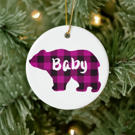 Klassiek roze zwart plaid baby beer ontwerp keramisch ornament (Boom)