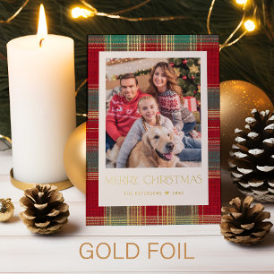 Klassiek ruitpatroon Prettig kerstfeest foto goud Folie Feestdagenkaart