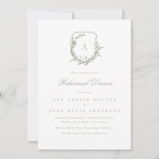 Klassiek Sage Groen Monogram Crest repetitie diner Kaart (Voorkant)