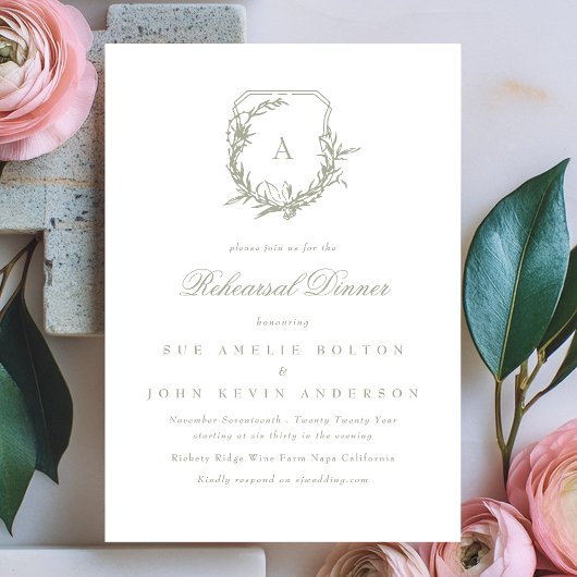 Klassiek Sage Groen Monogram Crest repetitie diner Kaart