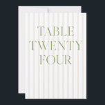 Klassiek saliegroen en beige bruiloft 24 Tafelnumm Kaart<br><div class="desc">Dit elegante tafelnummer heeft een zachte,  gestreepte beige achtergrond met verfijnde sagegroene serif-typografie en subtiele scriptaccenten. Ontworpen voor tuinbruiloften,  verfijnde recepties en tijdloze buitenfeesten.</div>
