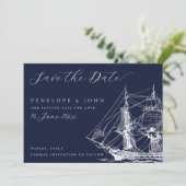 Klassiek scheepshuwelijk in marineblauw save the date (Staand voorkant)