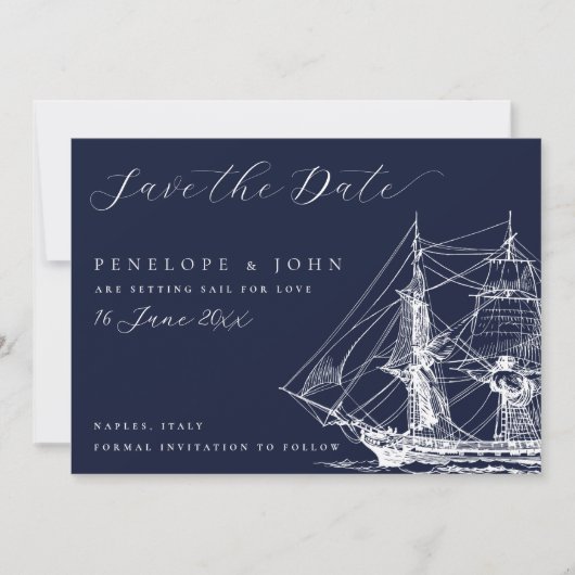 Klassiek scheepshuwelijk in marineblauw save the date (Voorkant)