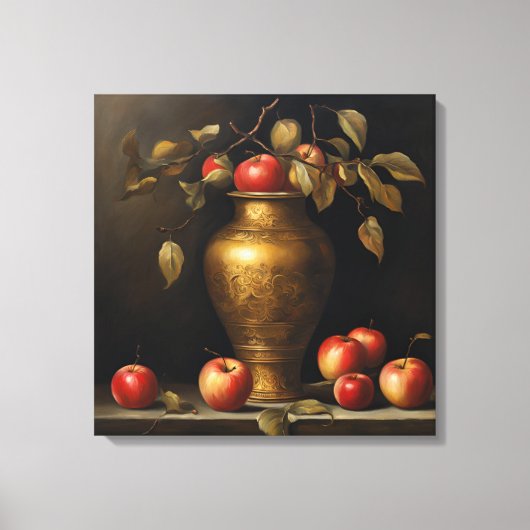 Klassiek schilderij gouden pot en rode appels canvas afdruk (Voorkant)