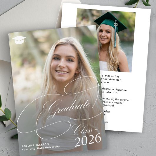 Klassiek script 2 foto's klas van 2026 afstuderen aankondiging