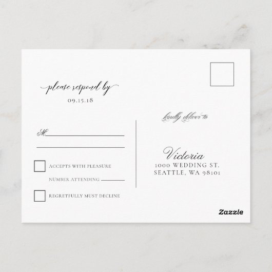 Klassiek script bruiloft RSVP Briefkaart Black Whi (Achterkant)