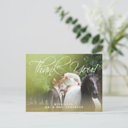 Klassiek script | Foto bruiloft Dank u Briefkaart (Staand voorkant)