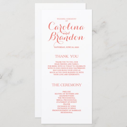 Klassiek script | Koraal Roze Trouwprogramma's Programmakaart (Voorkant / Achterkant)