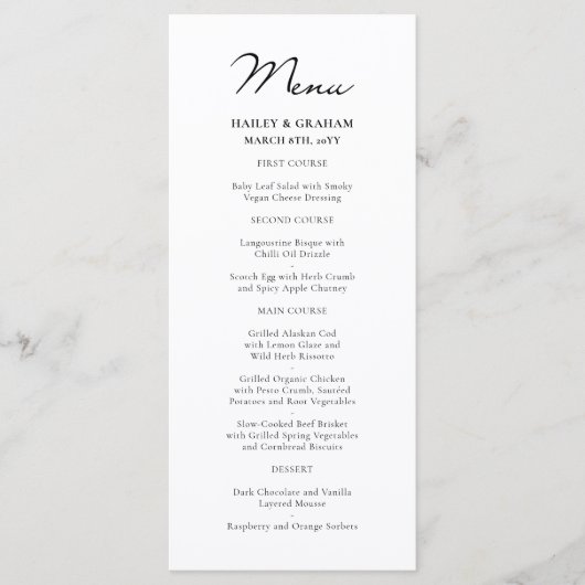 Klassiek Script minimalistisch wit bruiloft menu (Voorkant)