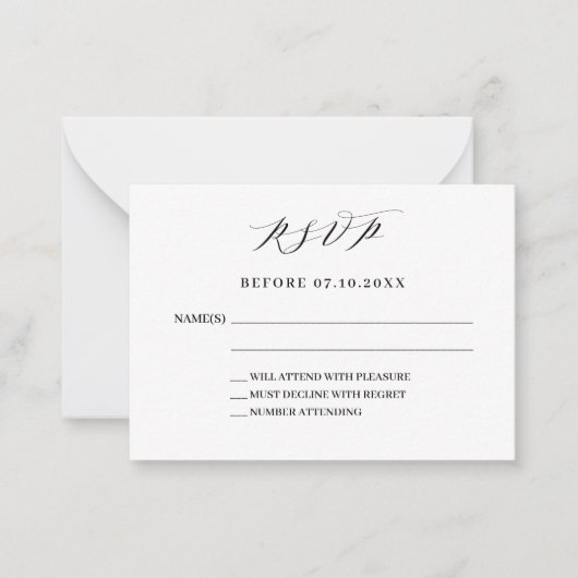 Klassiek script moderne bruiloft reactie RSVP Notitiekaartje (Voorkant)