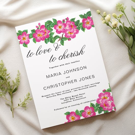 Klassiek script roze groen bloemendecoratie bruilo kaart