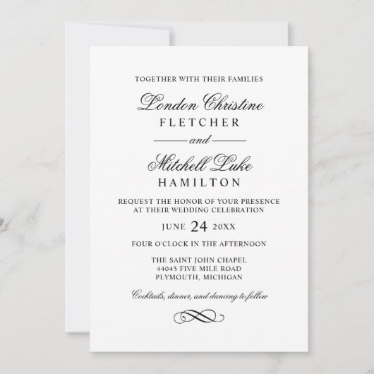 Klassiek script serif zwart-wit bruiloft kaart (Voorkant)