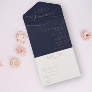 Klassiek script Traditiona Wording Navy Quinceañer All In One Uitnodiging
