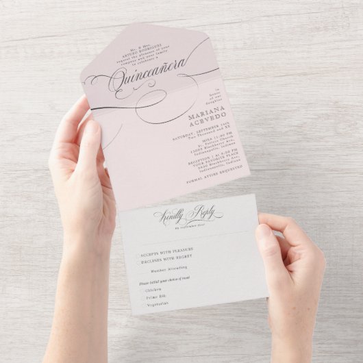 Klassiek script Traditiona Wording Pink Quinceañer All In One Uitnodiging (Afscheurbaar)