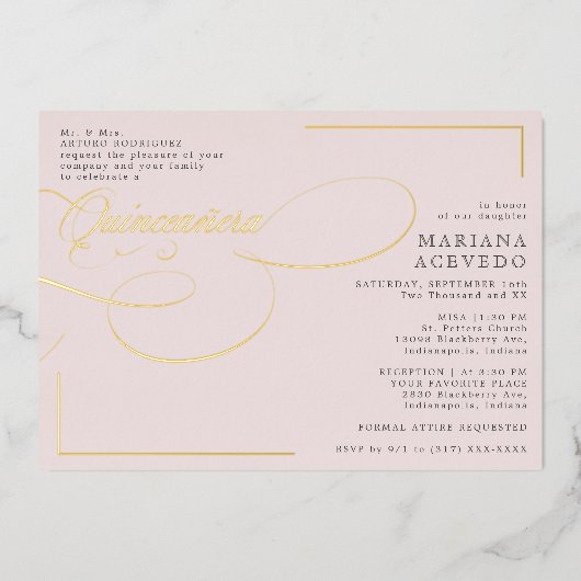 Klassiek script Traditiona Wording Pink Quinceañer Folie Uitnodiging (Voorkant)