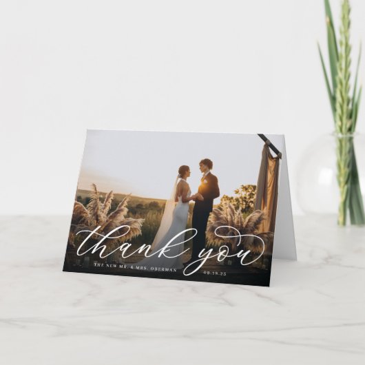 Klassiek Script Trouwfoto Dank u kaart (Voorkant)