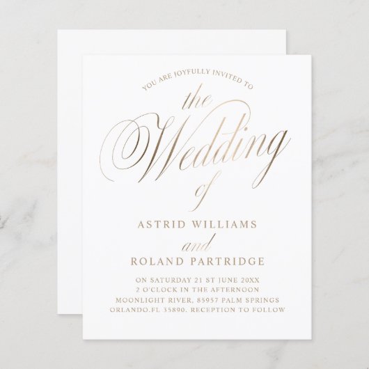 Klassiek Script Wit & Goud Budget Bruiloft (Voorkant / Achterkant)