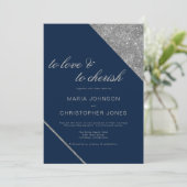 Klassiek script zilveren glitter marine blauwe bru kaart (Staand voorkant)