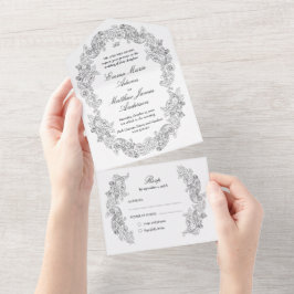 Klassiek Script Zwart & Wit Gotische Bruiloft All In One Uitnodiging