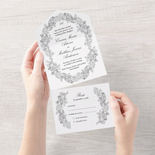 Klassiek Script Zwart & Wit Gotische Bruiloft All In One Uitnodiging (Afscheurbaar)