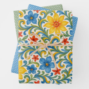 Klassiek Siciliaans Kleurrijk Blad Bloemmotief Inpakpapier Vel