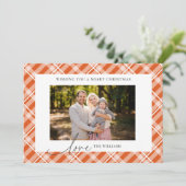 Klassiek Sinaasappel Tartan Plaid Twee foto's Kers Feestdagenkaart (Staand voorkant)