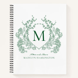 Klassiek smaragdgroen bloemenkroon monogram notitieboek