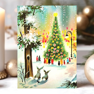 Klassiek Sneeuwkonijnen Kerstboom Scene Feestdagen Kaart
