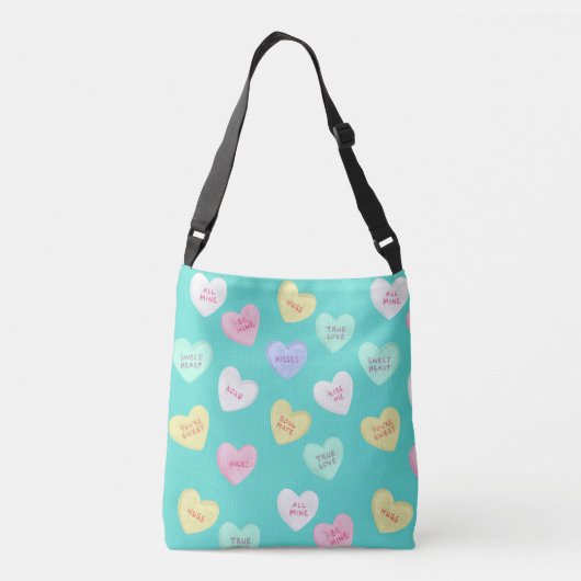 Klassiek Snoep van Valentijnse  Harten op Blauwgro Crossbody Tas (Achterkant)