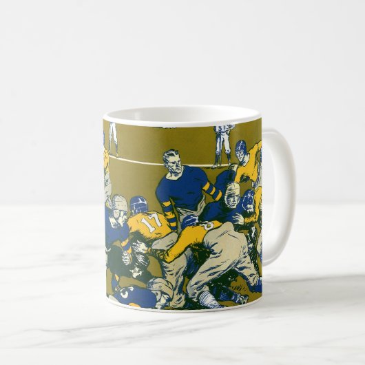 Klassiek sportvoetbalspel, gouden tegen blauwe tea koffiemok (Voorkant rechts)