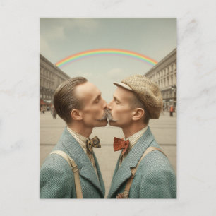 Klassiek stel kust onder regenboog briefkaart