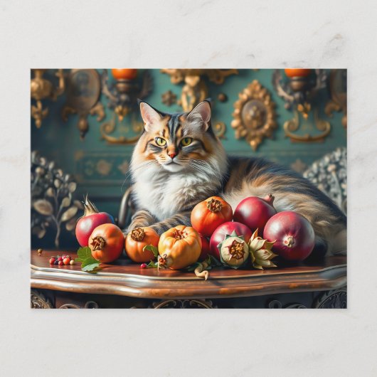 Klassiek stilleven met kat en fruit briefkaart (Voorkant)