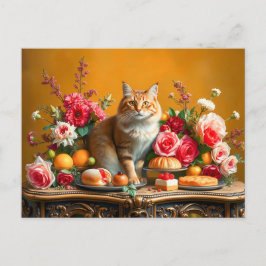 Klassiek Stilleven met Kat en Natuurlijke Overvloe Briefkaart