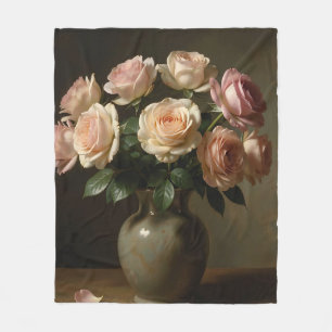 Klassiek Stilleven met Roze Rozenboeket Fleece Deken