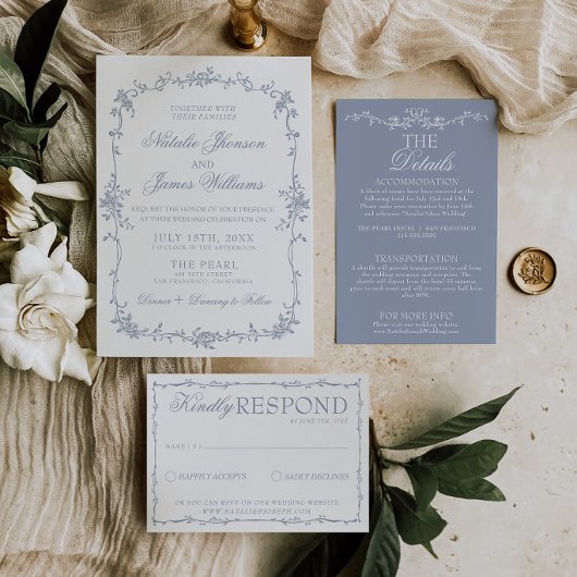 Klassiek Stof Blauw Bloem Boho Botanisch Huwelijk Kaart